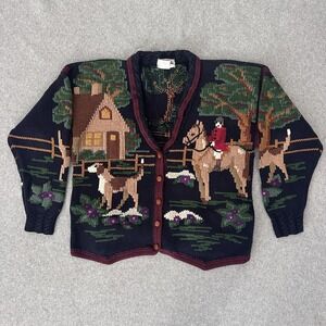 Vintage Traditional Trading Sweater Medium Hand Knit Horse Cottage Graphic Cardi